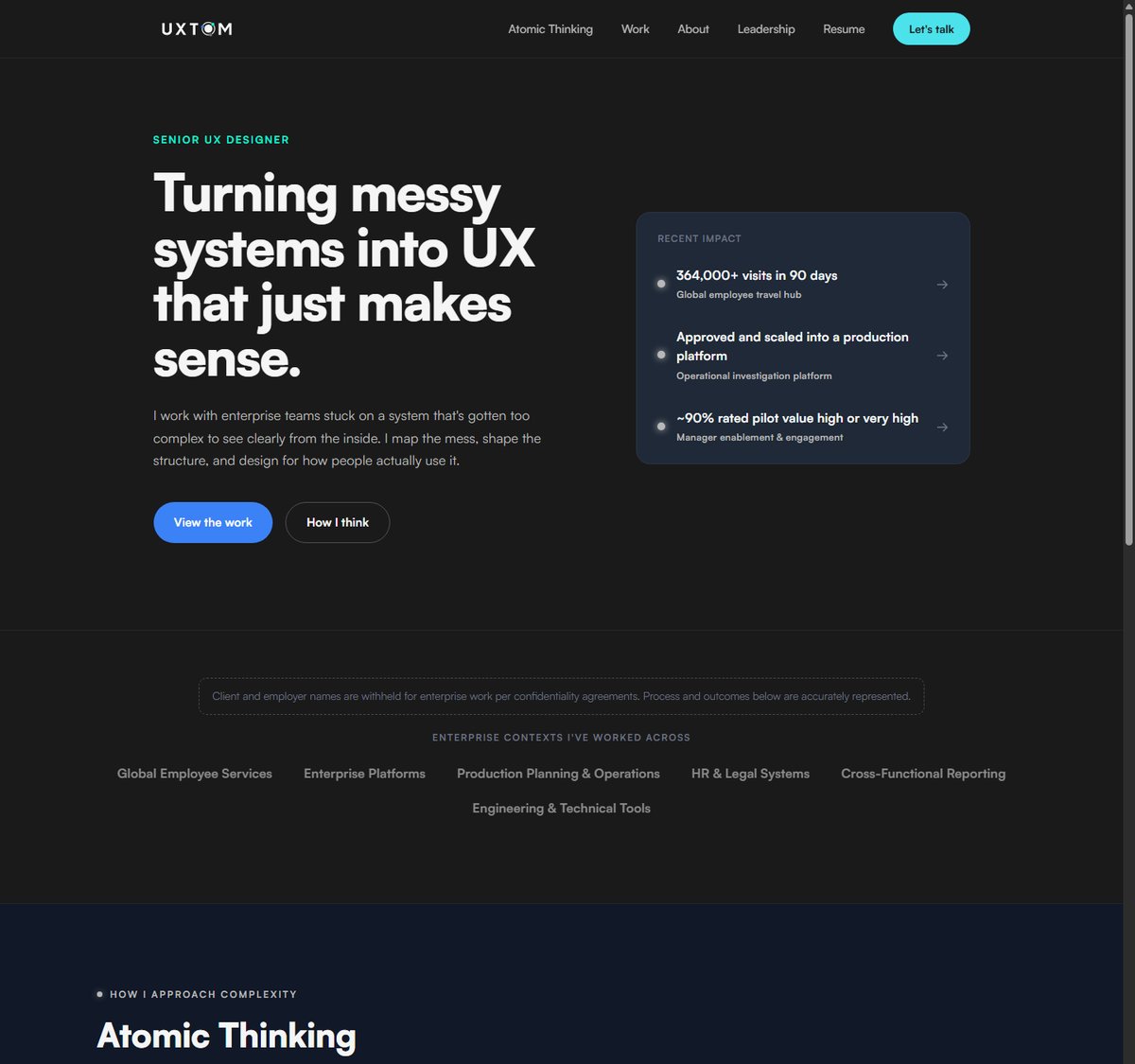 UXTOM homepage hero and Atomic Thinking section
