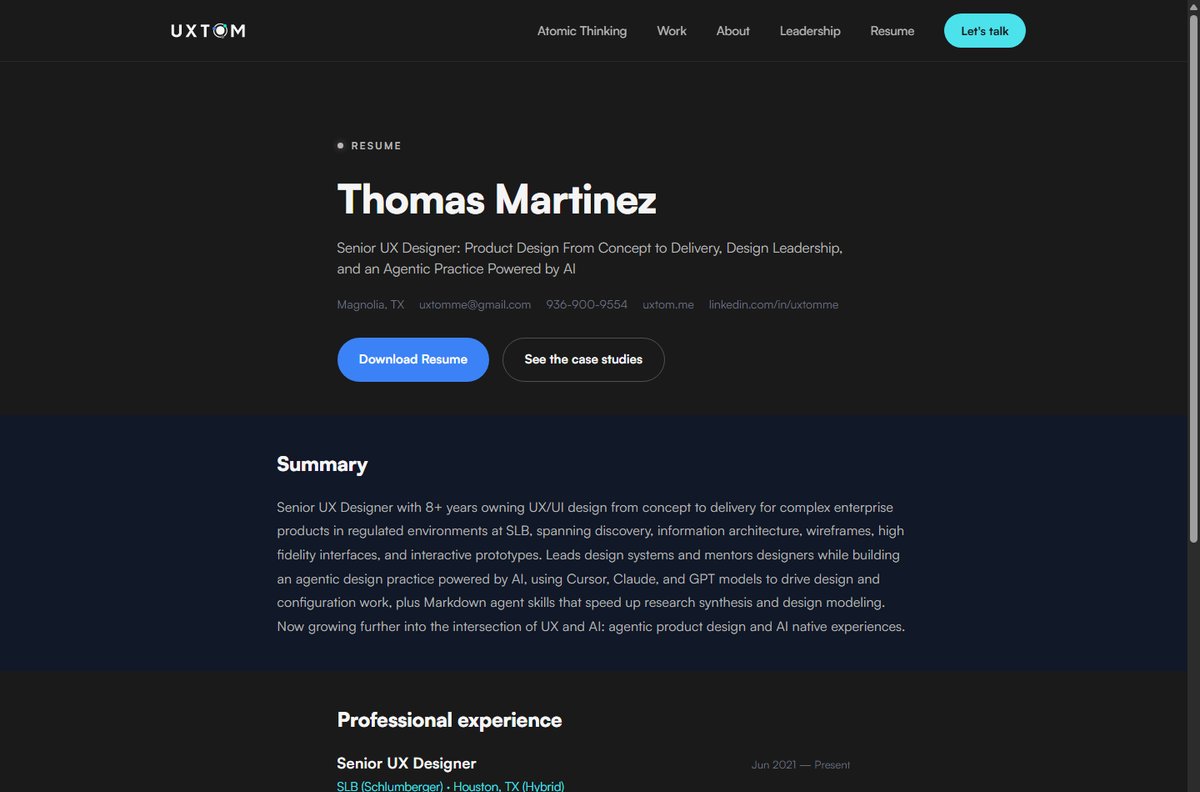 The resume page on the live site